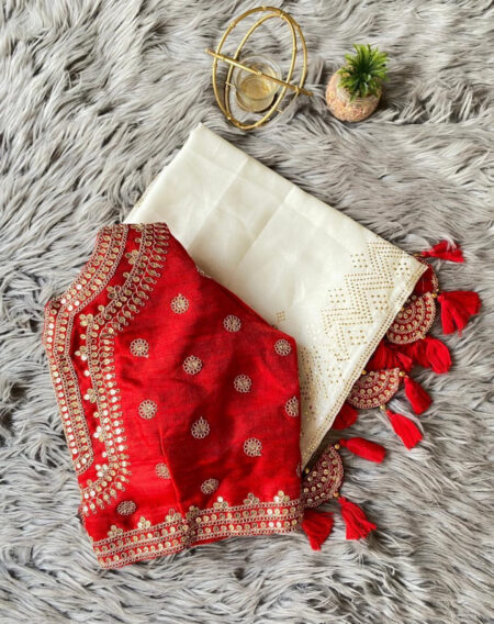 White and Red Saree with fully stitched blouse