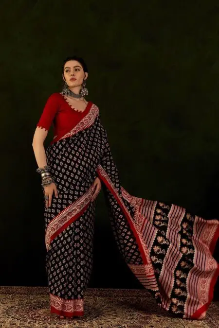 Black And Maroon Cotton Saree With Fully Stitched Blouse