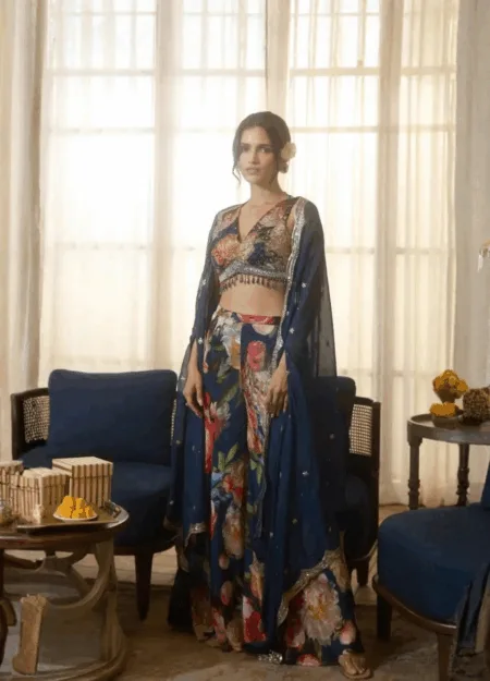 Floral Wide Pants and Top with a Stole