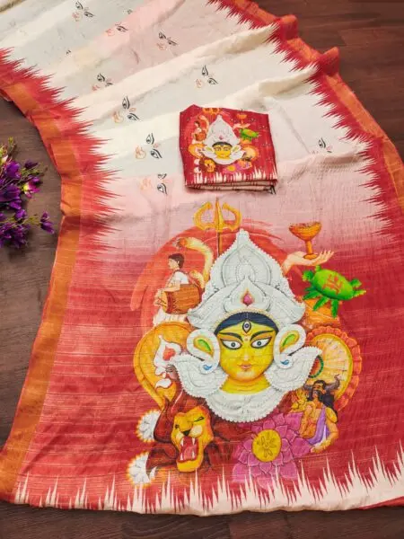 Handloom Silk Sarees With Durga Maata including a fully stitched blouse