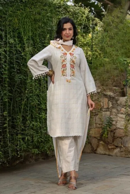 Cotton White Salwar Set With Embroidery