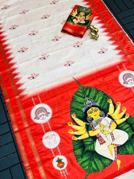 Durga Mata Saree with fully stitched blouse