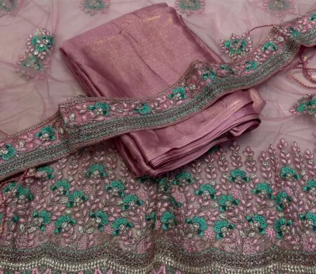Plain pink saree with net embroidery blouse