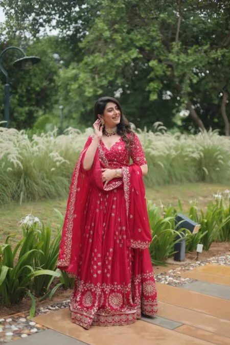 Red silk sequins lehenga