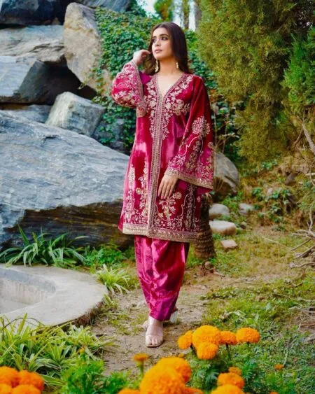Pink velvet salwar top and dupatta set