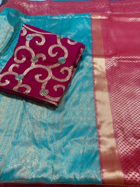 Blue And Pink Premium silk Saree