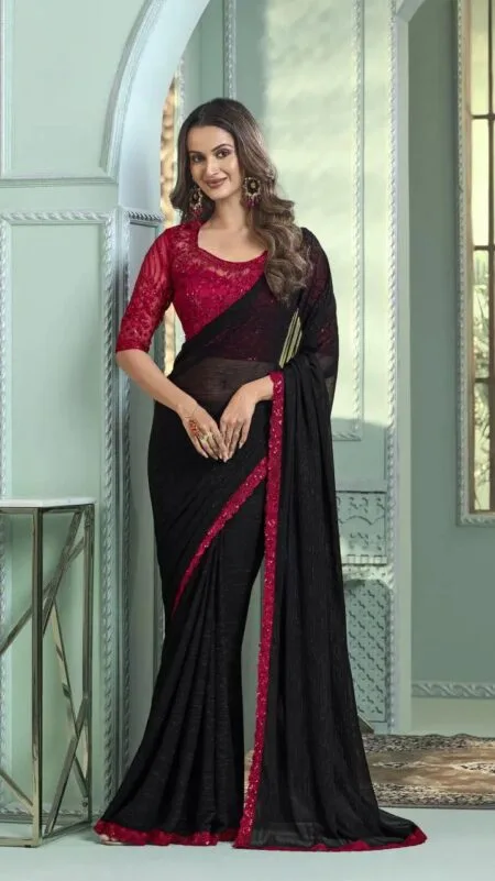Pure Black Chiffon Designer Saree