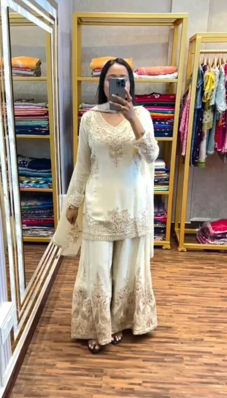 White Silk Long Top Palazzo Set