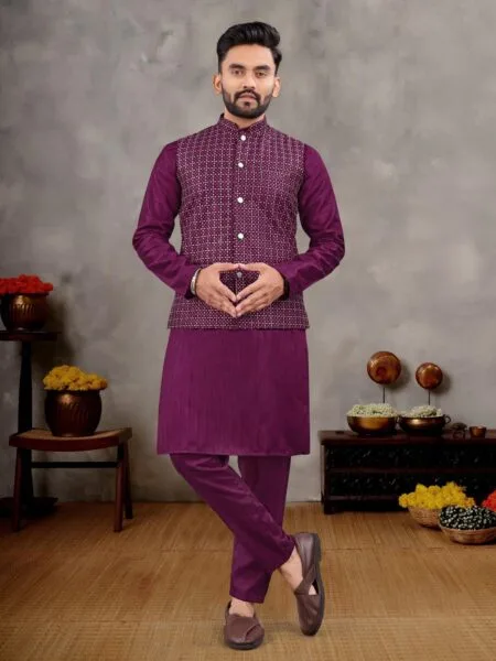Wine kurta set with waist coat
