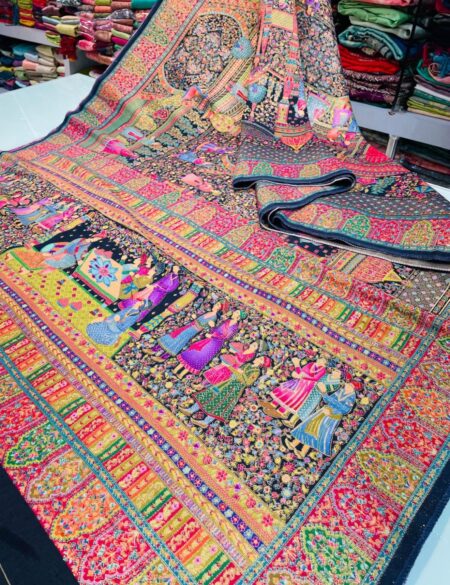 Black Pashmina Hand embroidery silk saree