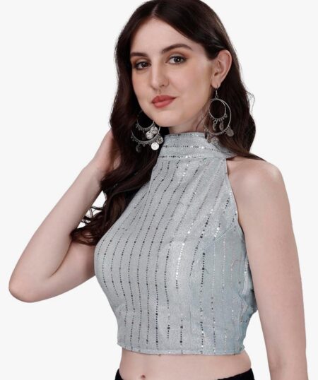Silver sequins halter neck ready made blouse