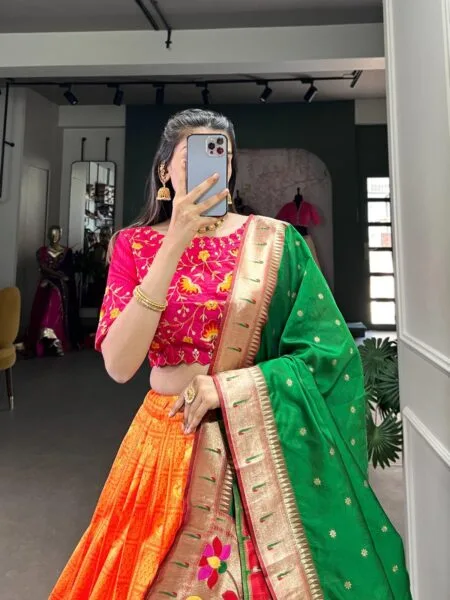 Green and orange South indian half saree