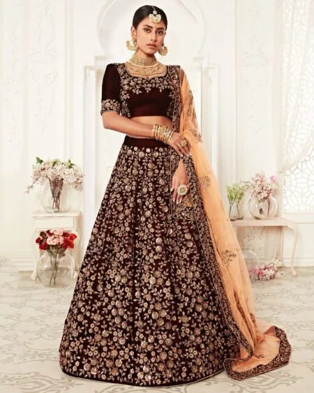 Maroon velvet lehenga choli with dupatta