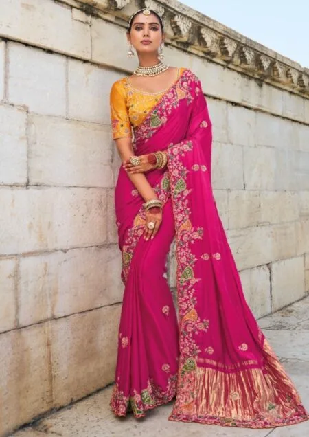 Pink Gaji satin saree with jari, cut dana, moti and heavy jarkhan work