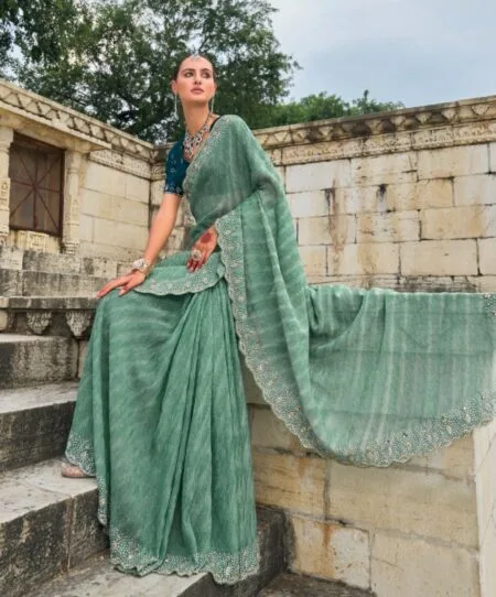 Sea green pure crush tissue saree with jharkan, cut dana and heavy moti work