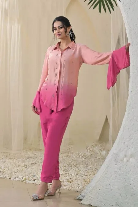 Pink ombre coord set with bell sleeves and collar neck