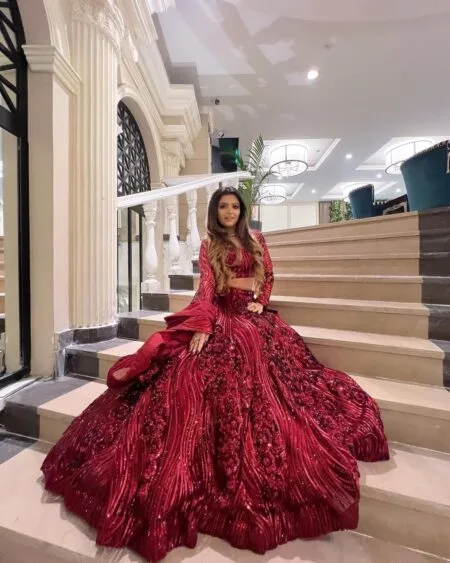 Red Embellished net lehenga choli with heavy embroidery and sequins work