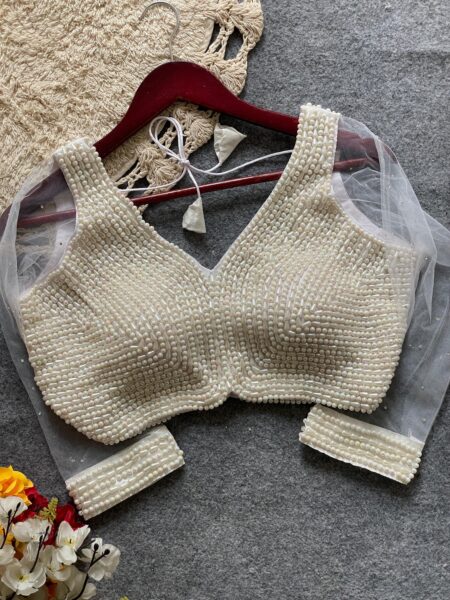 Handcrafted pearl readymade blouse in silk fabric