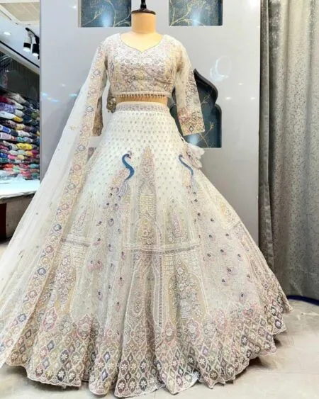 Peacock design heavy net lehenga with sequins embroidery work