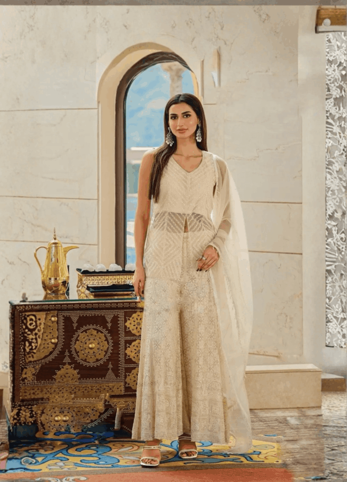 Handwork Crepe Crop Top, Asymmetrical Skirt and Shrug