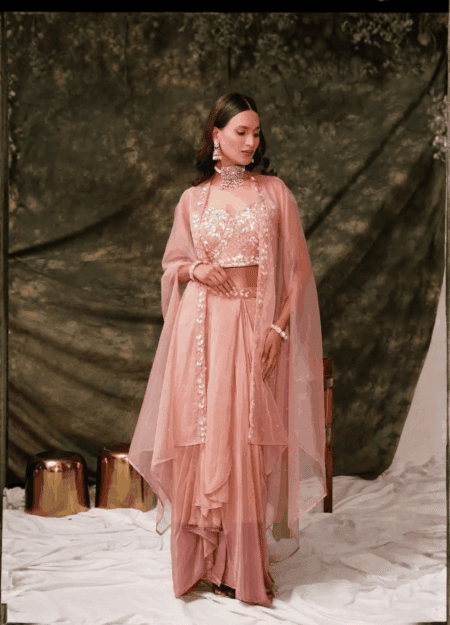 Handwork Crepe Crop Top, Asymmetrical Skirt and Shrug
