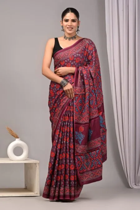 Handblock ajrakh and bagru printed dola silk saree