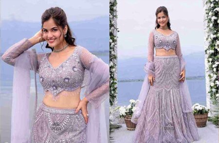 Lavender mermaid style fish cut Lehenga with heavy hand work