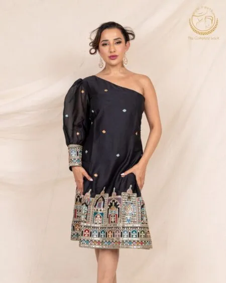 Black One Shoulder Georgette dress, Embroidered Cocktail dress, Indian fusion wedding guest outfit