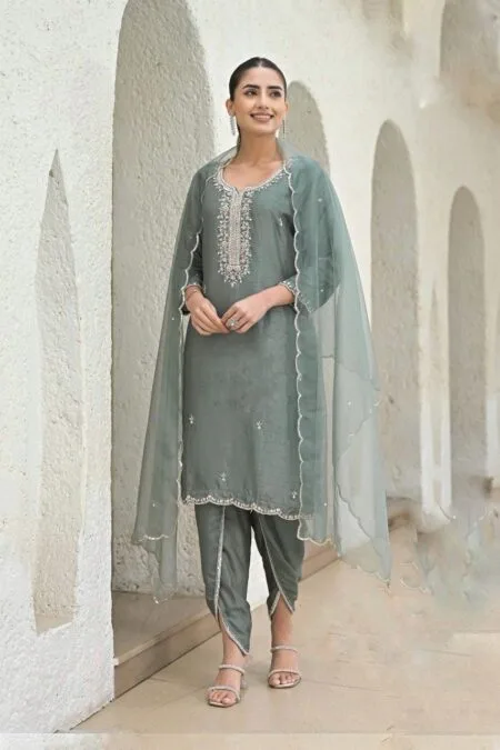 Sage green dhoti style pant n top with dupatta
