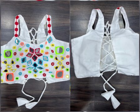 Sleeveless rayon readymade blouse with heavy mirror and kodi work