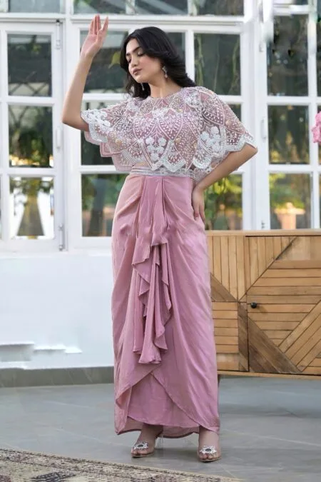 Handwork embroidery top with front pleated crepe silk skirt