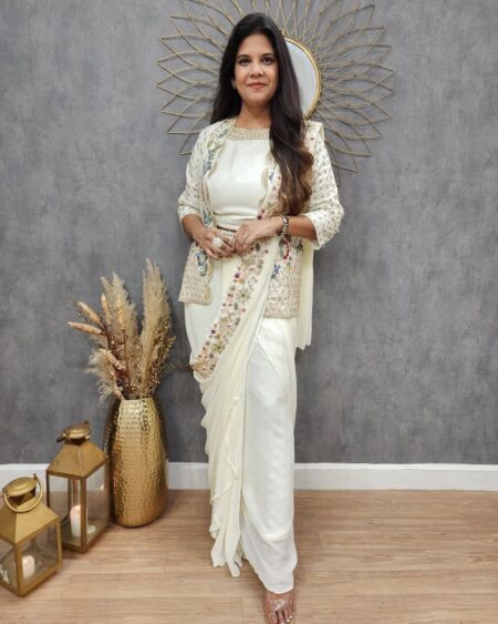 Chinon Embroidered Ready to wear saree with jacket