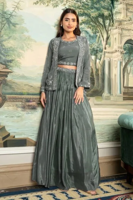 Heavy Handwork silk blend Grey crop top with jacket and pleated skirt