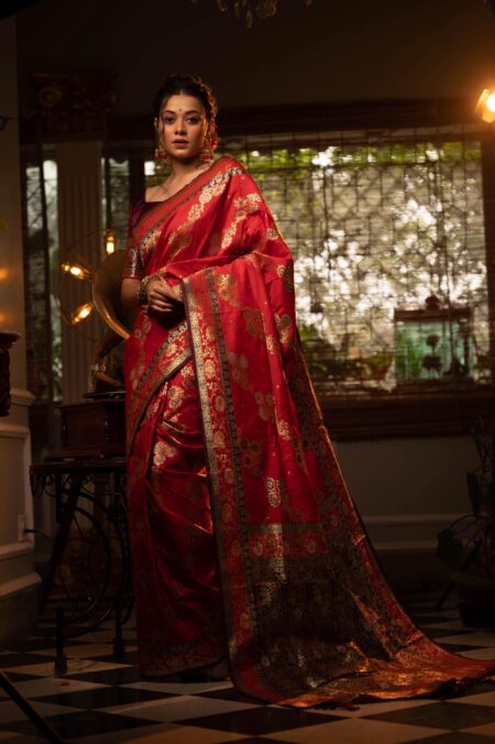 Soft Banarasi Silk Saree with all over colourfull meena Weaves Pattern and Contrast border with tassels