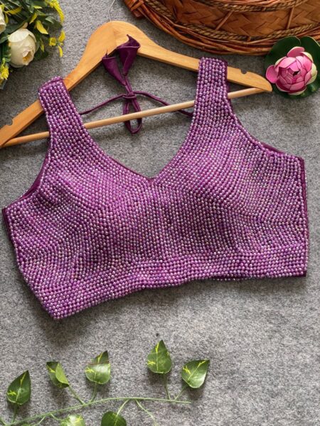 Sleeveless handcrafted  pearl silk ready made blouse