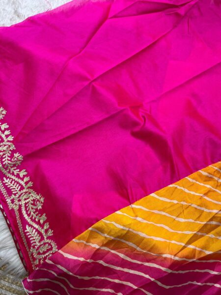 Chinon pink and orange lehriya saree with gotta pathi work