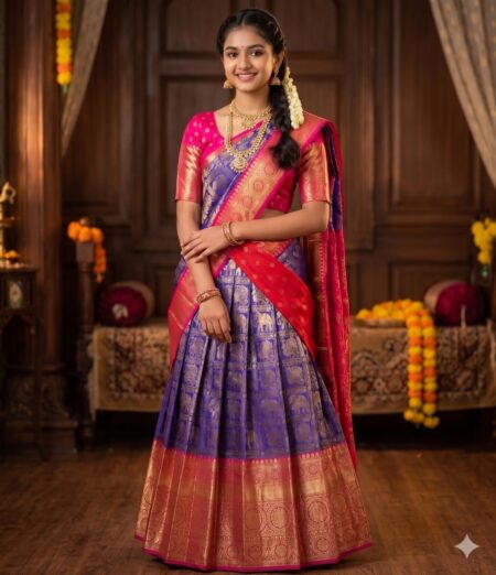 Purple and pink semi kanchipuram silk zari half saree (lehenga choli and dupatta)