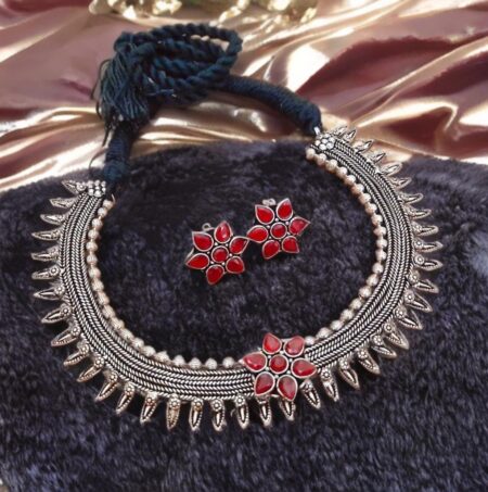 Flower designed red oxidised necklace set