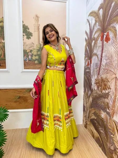 Rayon embroidered yellow lehenga choli with red dupatta