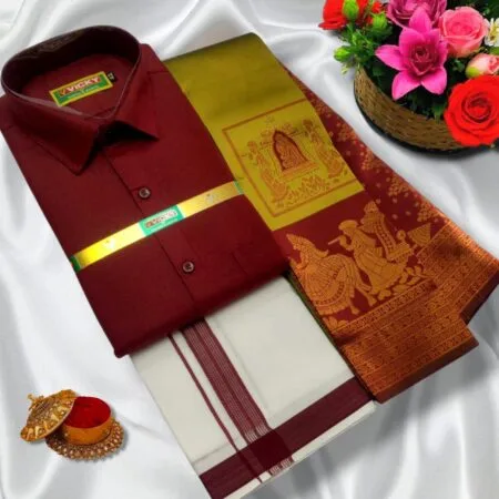 Couple Combo Of Cotton Shirt And Silk Dhoti With Silk Saree