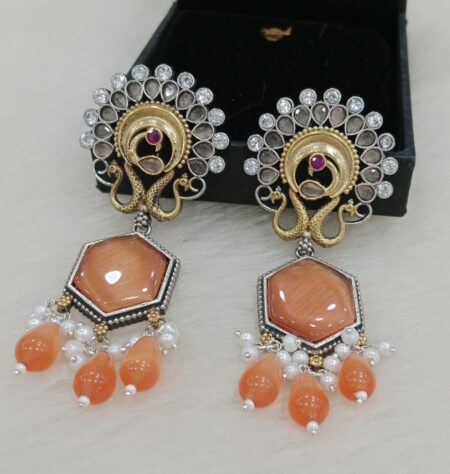 Dual tone oxidised earrings with orange stone