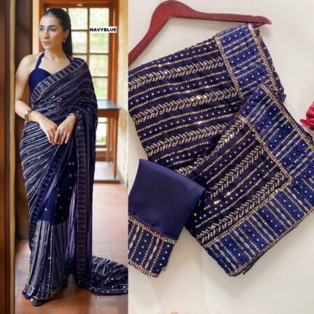 Navy blue and gold sequins saree with stitched blouse