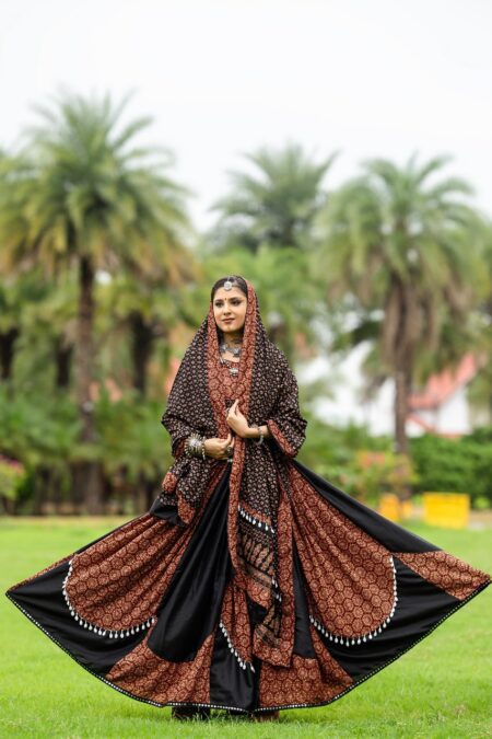 Black and rusted red lehenga choli with dupatta