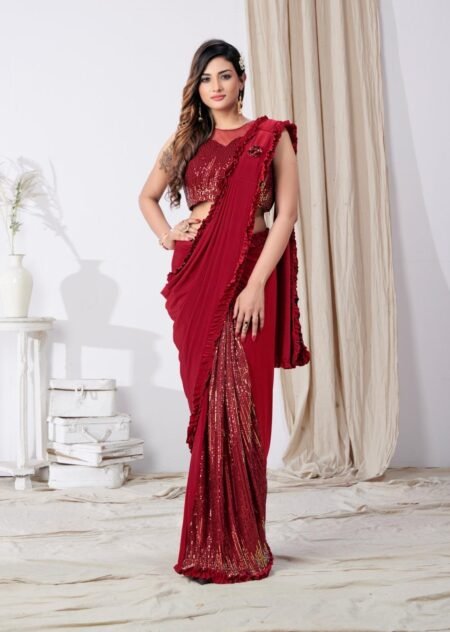 Red sequins ready to wear saree with stitched blouse