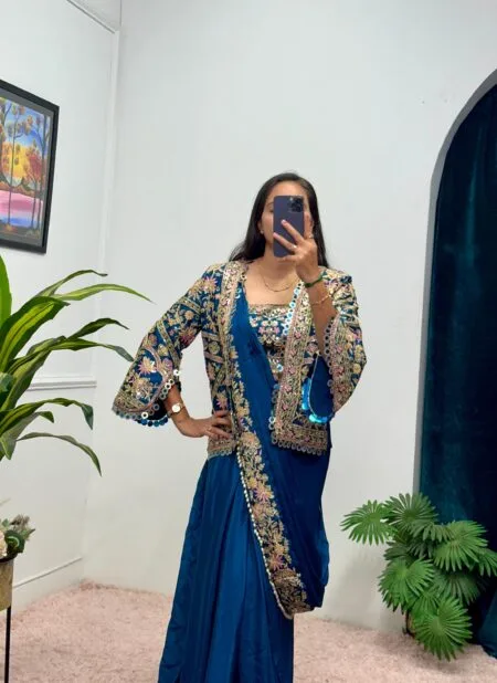 Embroidered chinon Blue ready to wear saree with fully stitched blouse and jacket
