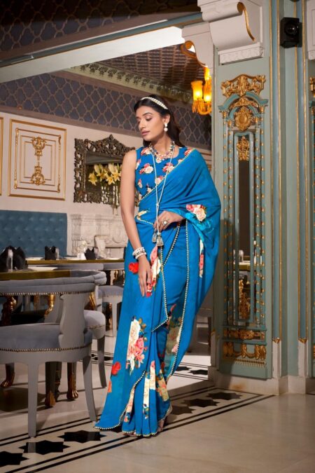 Blue floral digital printed saree