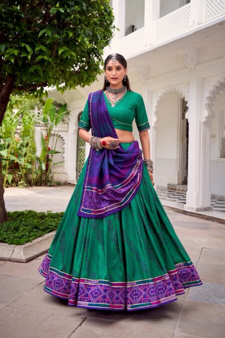 Bandhej printed tussar silk and gotta pathi lace lehenga choli with dupatta