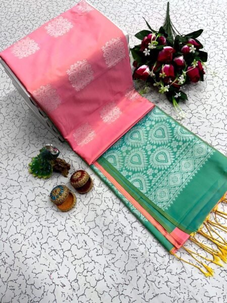 Pink and green silver zari arani soft silk saree