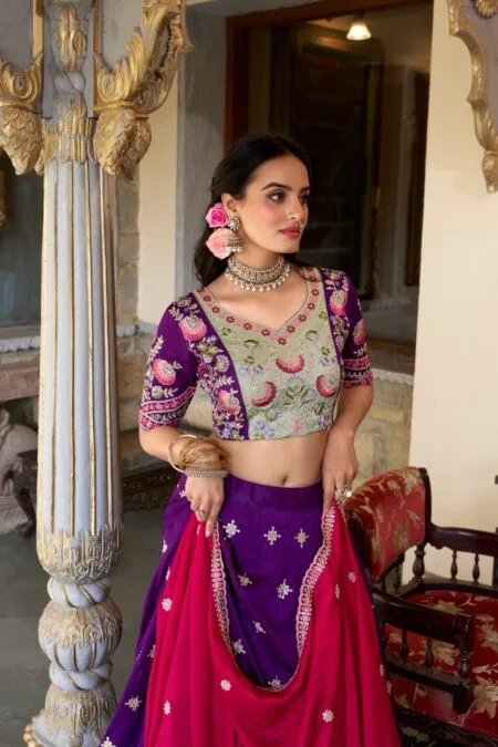Vichitra silk Purple and red lehenga choli with dupatta with sequins embroidery