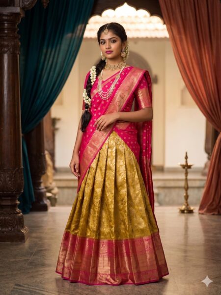 Gold and pink Semi Kanchipuram silk zari half saree (lehenga choli and dupatta)